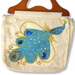 Vintage Cream Blue Handbag Cotton Jeweled Peacock Brown Wooden Handle Lined‎
